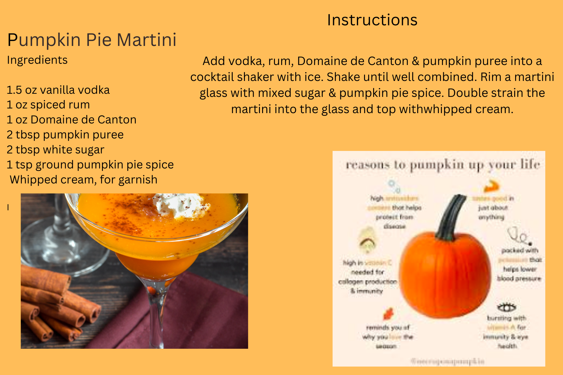 Pumpkin Pie Martini Ingredients 1.5 oz vanilla vodka 1 oz spiced rum 1 oz Domaine de Canton 2 tbsp pumpkin puree 2 tbsp white sugar 1 tsp ground pumpkin pie spice 1 cup marshmallow cream or whippe